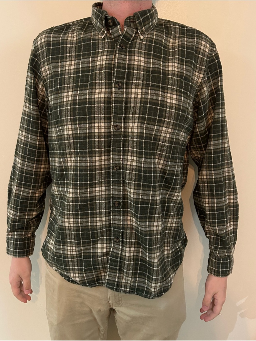 Eddie Bauer Men's Green Plaid Button-Down Flannel Shirt 100% Cotton Size L